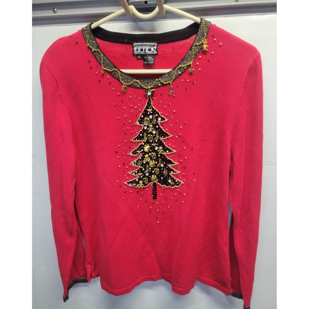 Berek Vintage Red Christmas Tree Beaded Charm Sweater Womens XL Holiday Rare